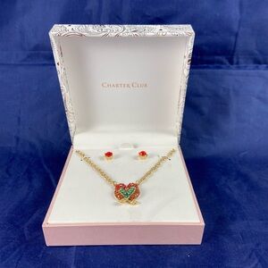 Charter Club Lovebirds Neckless with Red Rhinestone Earrings with box NWT.